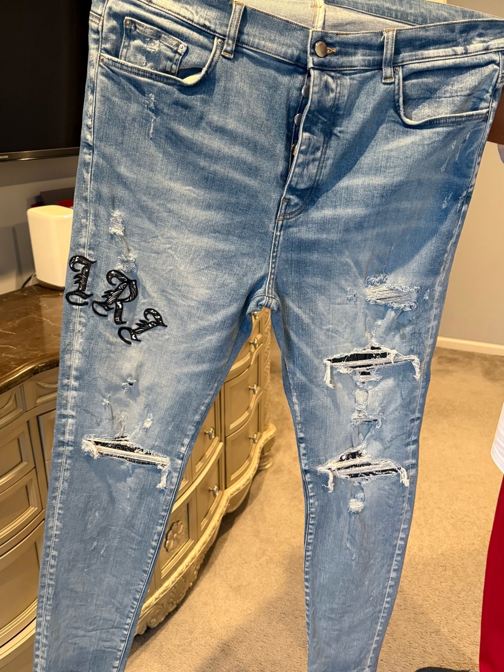 AMIRI Light Blue Distressed Skinny Jeans with Embroidered Detail